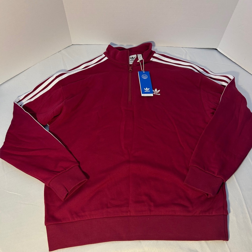 Adidas Women's Sm Quarter Zip Sweatshirt Burgundy‎ Pullover 3 Stripe Trefoil NWT